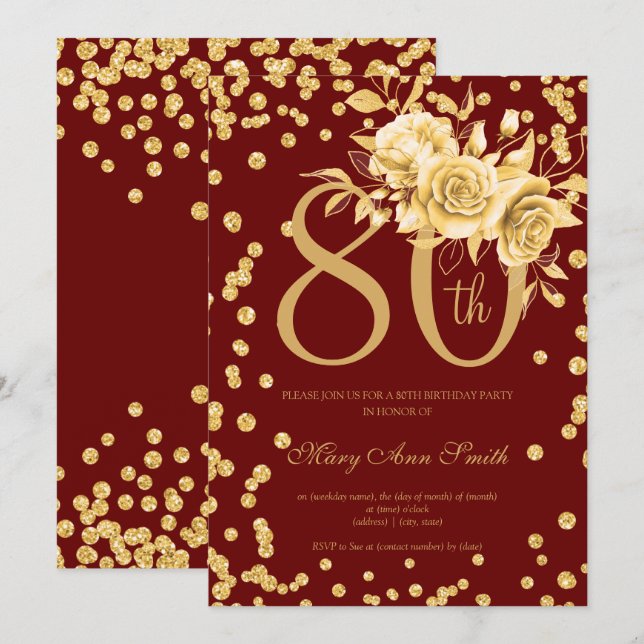 Gold Floral & Confetti 80 Birthday Burgundy Invitation (Front/Back)