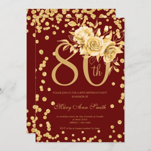 Gold Floral  Confetti 80 Birthday Burgundy Invitation