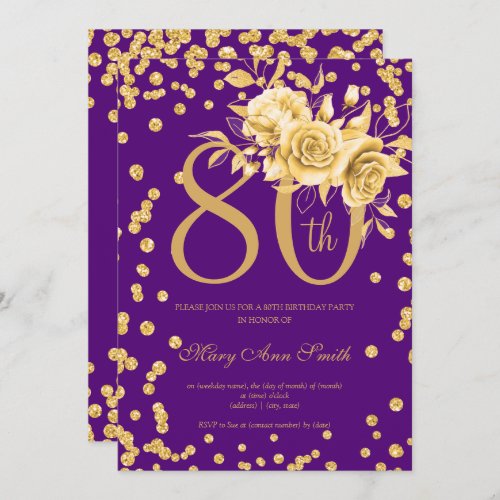 Gold Floral  Confetti 80th Birthday Party Purple  Invitation