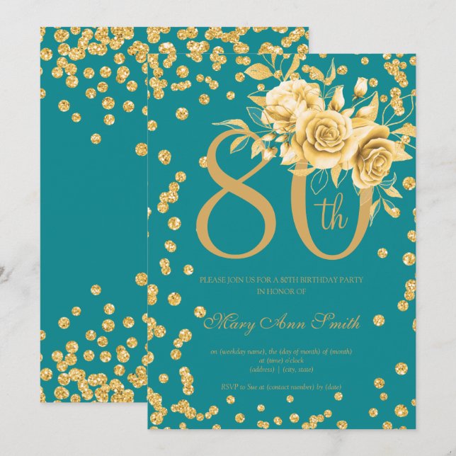 Gold Floral & Confetti 80th Birthday Teal  Invitation (Front/Back)