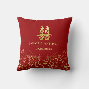 Gold floral couple photo Chinese wedding double xi Throw Pillow