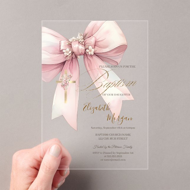  Gold Floral Cross  Bow Baptism Pink Acrylic Invitations (Insitu (Handheld))