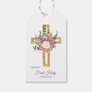 Gold Floral Cross First Holy Communion Gift Tags