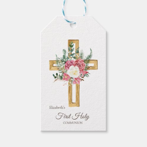 Gold Floral Cross First Holy Communion  Gift Tags