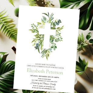 Gold Floral Cross Leaves First Holy Communion   Invitation