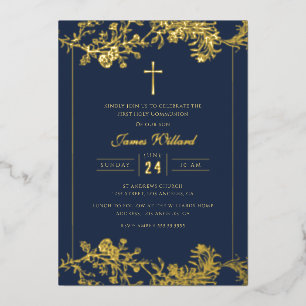 Gold Floral Cross Navy Boys First Communion Foil Invitation