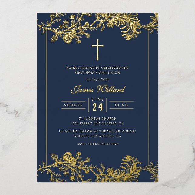 Gold Floral Cross Navy Boys First Communion Foil Invitation (Front)