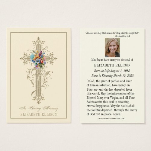 Gold Floral Cross Religious  Funeral Prayer Card