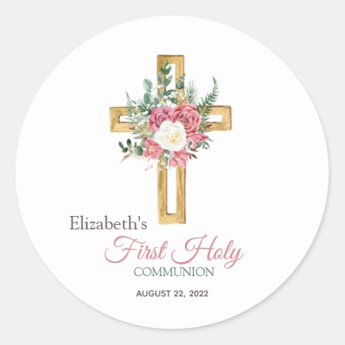 Gold Floral Cross Roses First Holy Communion   Classic Round Sticker