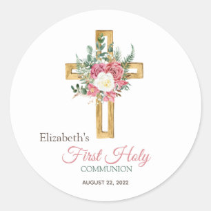 Gold Floral Cross Roses First Holy Communion Classic Round Sticker
