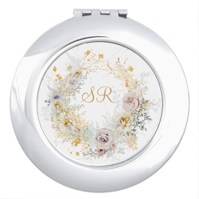 Gold Floral Custom Name Monogram  Compact Mirror (Front)