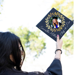 Gold floral Custom photo Monogram name year Graduation Cap Topper