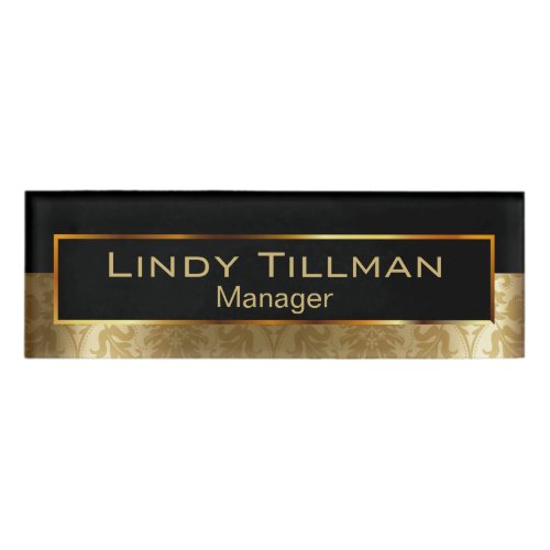 Gold Floral  Damask and Black Accent Name Tag