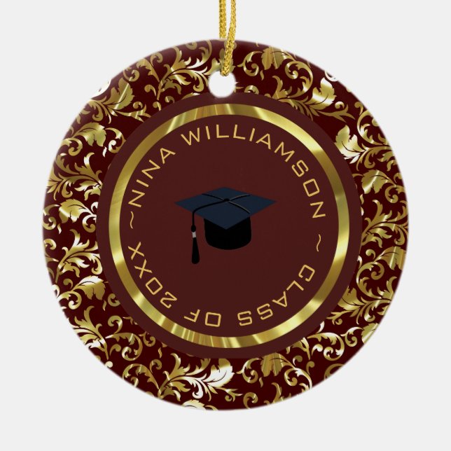 Gold Floral Damask And Cap Ceramic Ornament (Front)