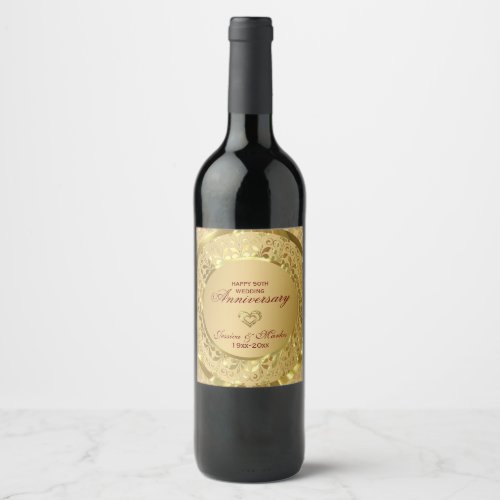 Gold Floral Damask And Hearts_ 5Oth Anniversary Wine Label