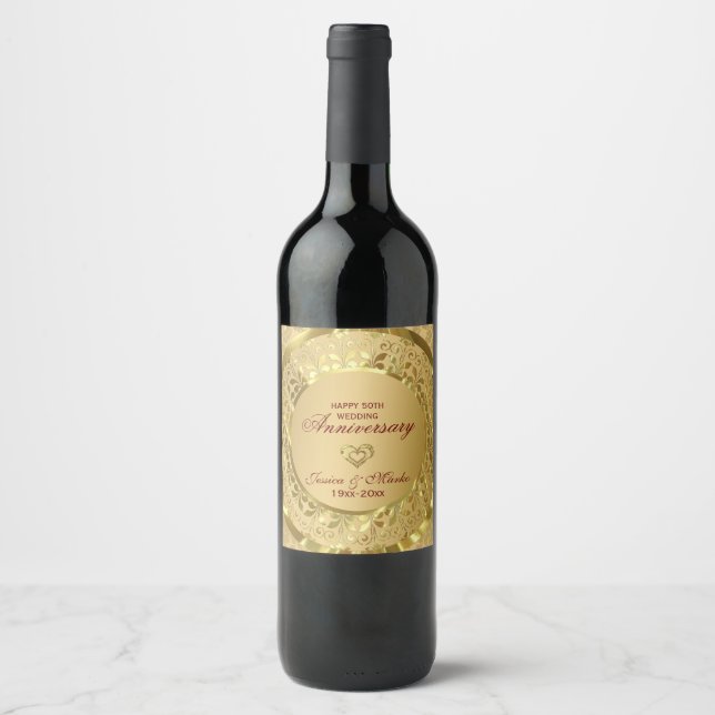 Gold Floral Damask And Hearts- 5Oth Anniversary Wine Label (Front)