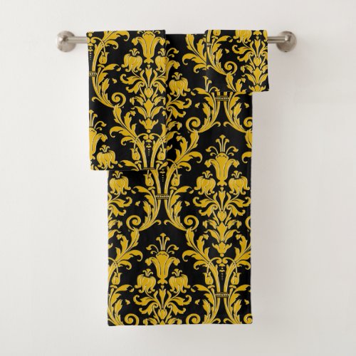 Gold Floral Damask On Black Bath Towel Set