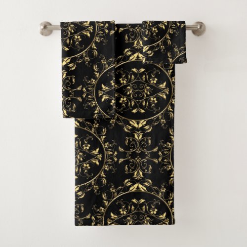 Gold Floral Damask on Black Towel Set