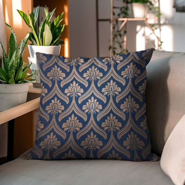 Gold Floral Damask on Dark Blue Throw Pillow (Creator Uploaded)