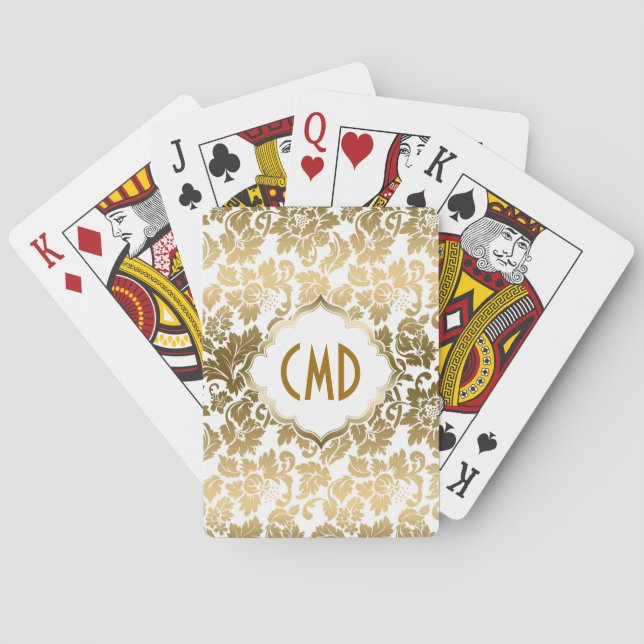 Gold Floral Damask Over White Background Poker Cards (Back)