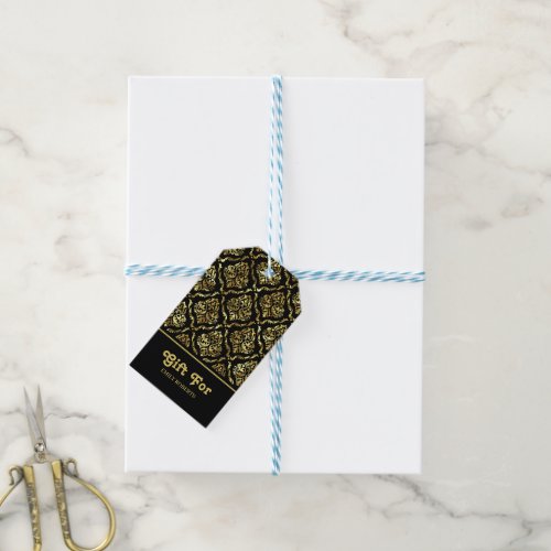 Gold floral damask pattern on black gift tags