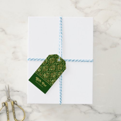 Gold floral damask pattern on dark green gift tags