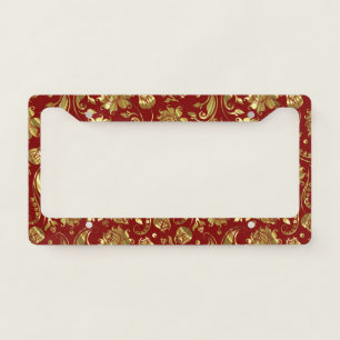 Gold floral damask pattern on dark-red license plate frame