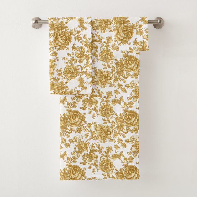 Gold Floral Damask Peony Rose  Bath Towel Set (Insitu)
