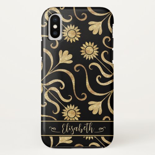 Gold Floral Damask Sunflower Classy Black Folk Art iPhone X Case