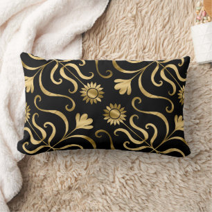 Gold Floral Damask Sunflower Classy Black Folk Art Lumbar Pillow