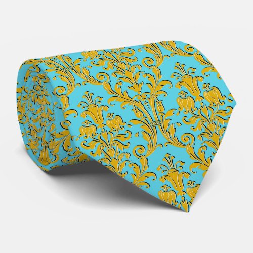 Gold Floral Damask Turquoise Wedding Neck Tie