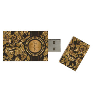 Gold Floral Damask Wood USB Flash Drive