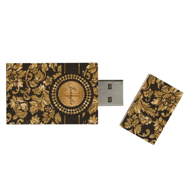 Gold Floral Damask Wood USB Flash Drive (Opened)
