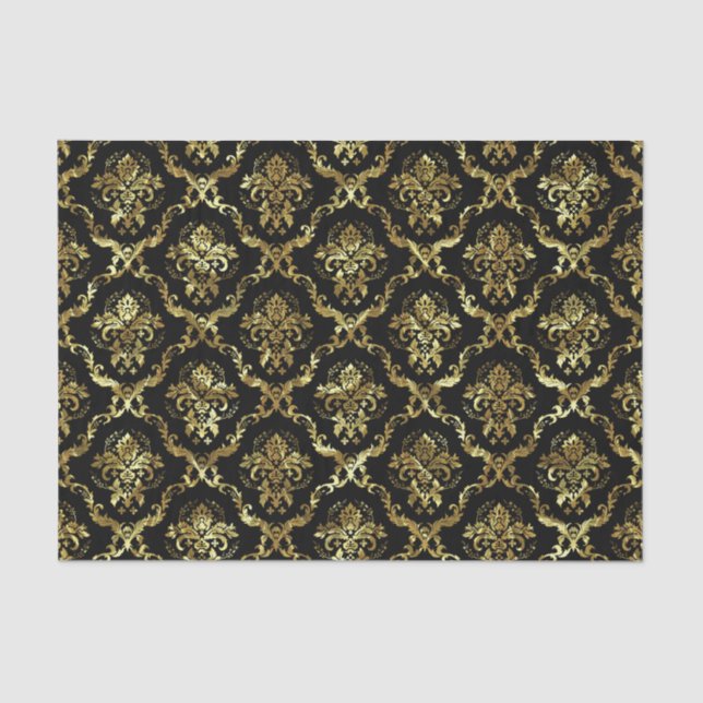 Gold Floral Damasks 3 & Custom Black Background Tissue Paper (Front)