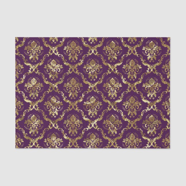 Gold Floral Damasks & Custom Purple Background Tissue Paper (Front)