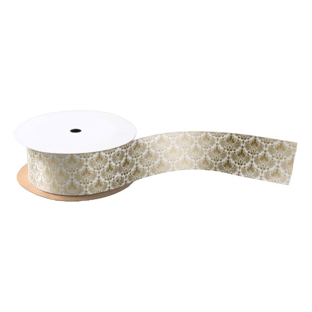 Gold Floral Damasks On White Background Satin Ribbon (Spool)