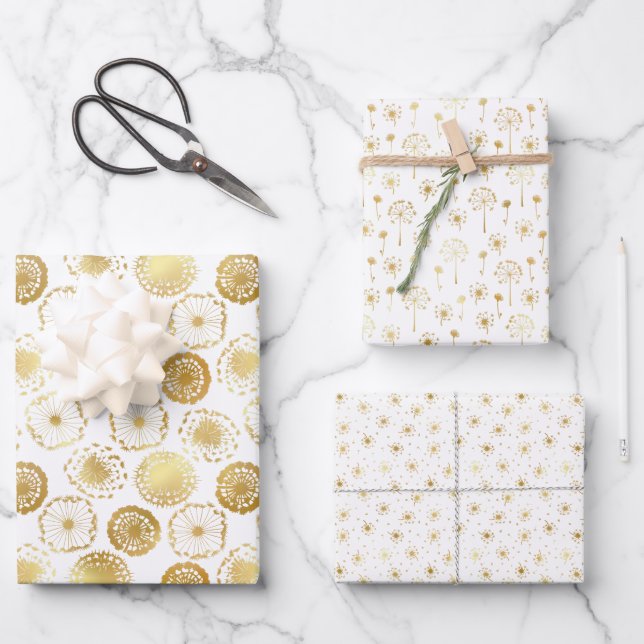 Gold Floral Dandelion Wrapping Paper Sheets (Front)