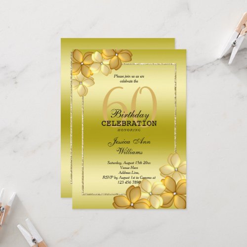 Gold Floral Decoration  Glitter 60th Birthday Invitation