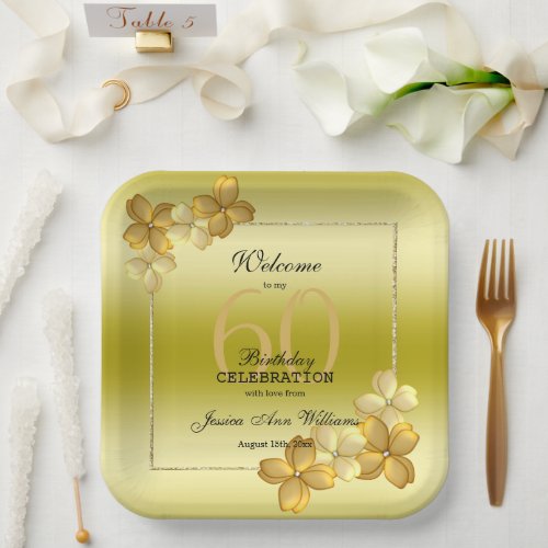 Gold Floral Decoration  Glitter 60th Birthday     Paper Plates