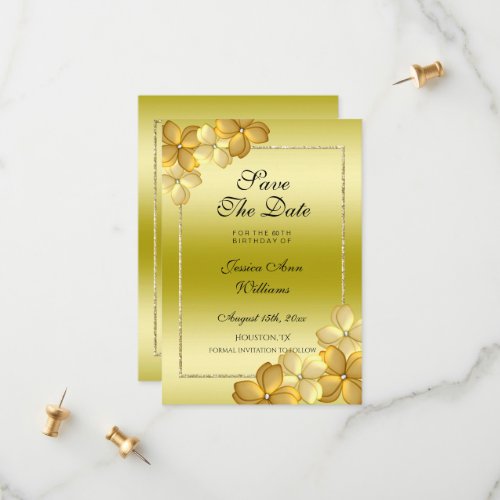 Gold Floral Decoration  Glitter 60th Birthday Save The Date