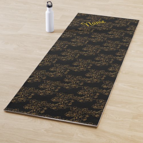 Gold Floral Design On Black Personalized Yoga Mat