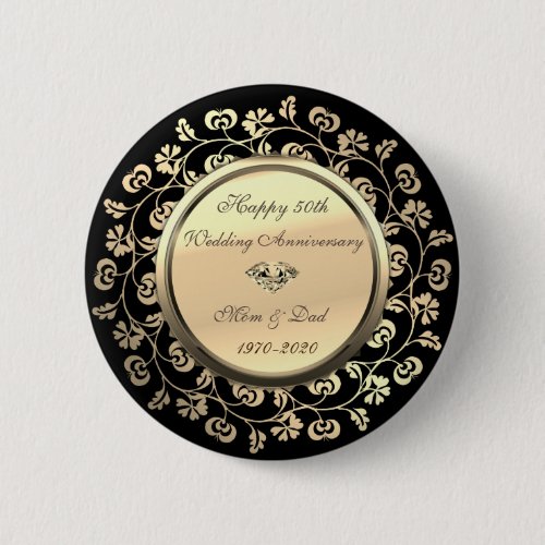 Gold Floral Diamond 50th Wedding Anniversary Button