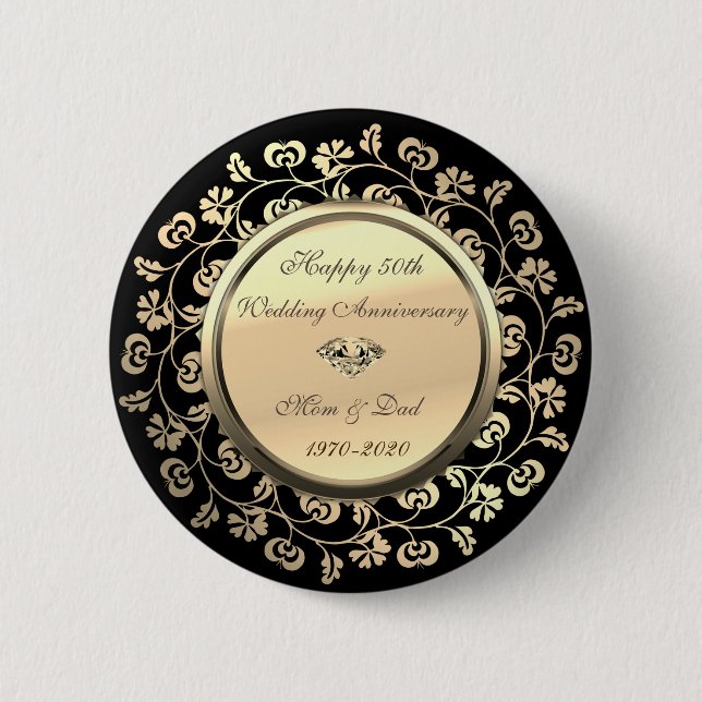 Gold Floral Diamond 50th Wedding Anniversary Button (Front)