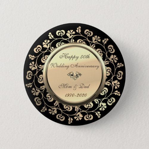 Gold Floral Diamond 50th Wedding Anniversary Button