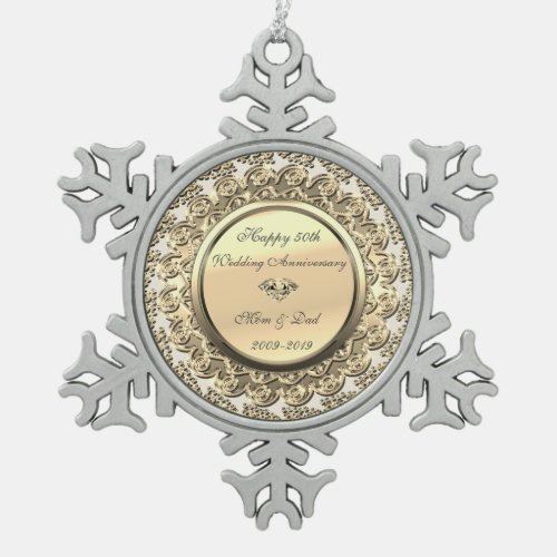 Gold Floral  Diamond 50th Wedding Anniversary Snowflake Pewter Christmas Ornament