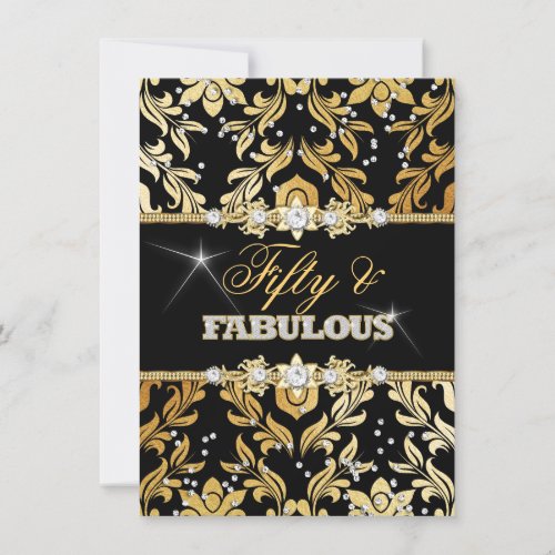 Gold Floral Diamond Damask Fifty and Fabulous Invitation