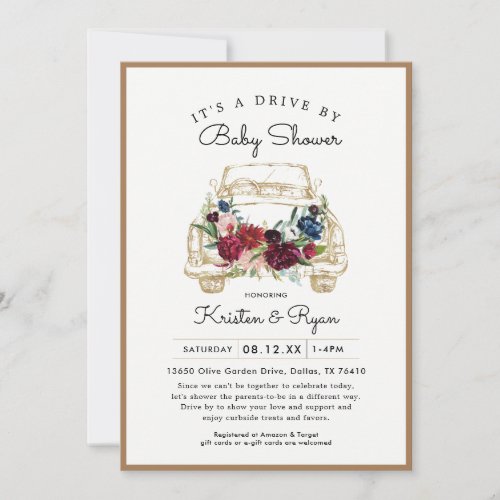 Gold Floral Drive Through Baby Shower Invitation