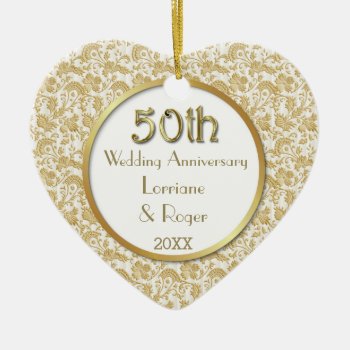 Gold Floral Elegance 50th Wedding Anniversary Ceramic Ornament by SpiceTree_Weddings at Zazzle