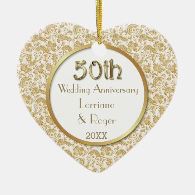 Gold Floral Elegance 50th Wedding Anniversary Ceramic Ornament (Front)