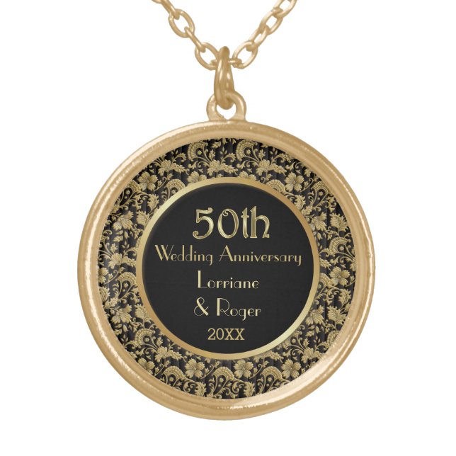Gold Floral Elegance 50th Wedding Anniversary Gold Plated Necklace (Front)
